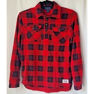 Polo Ralph Lauren Boys M 10-12 Buffalo Plaid Pullover Shirt Red Black Cotton